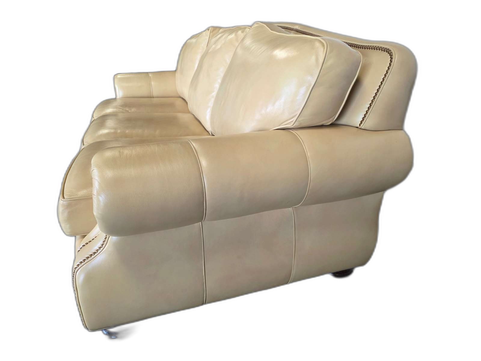 Hancock & Moore Top-Grain Leather Sofa – Cream/Champagne Nailhead Rolled Arm — view 3