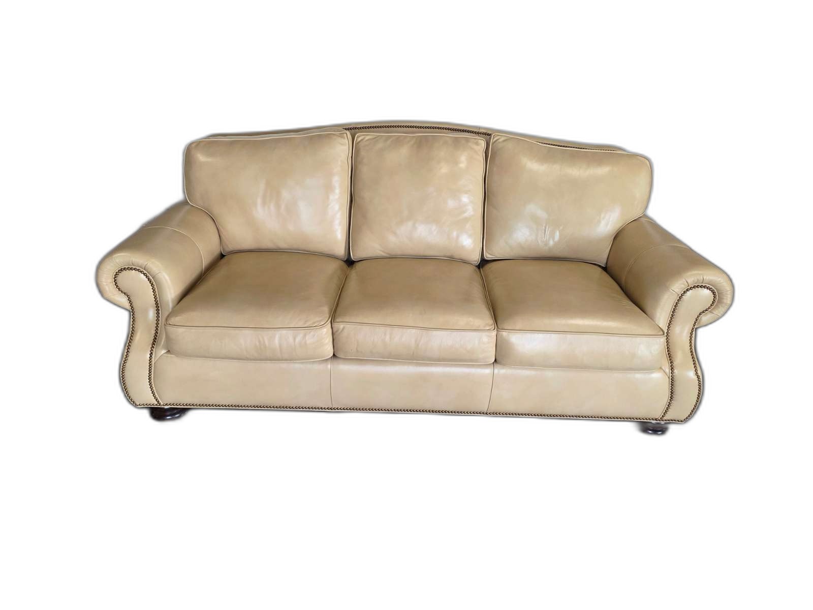 Hancock & Moore Top-Grain Leather Sofa – Cream/Champagne Nailhead Rolled Arm