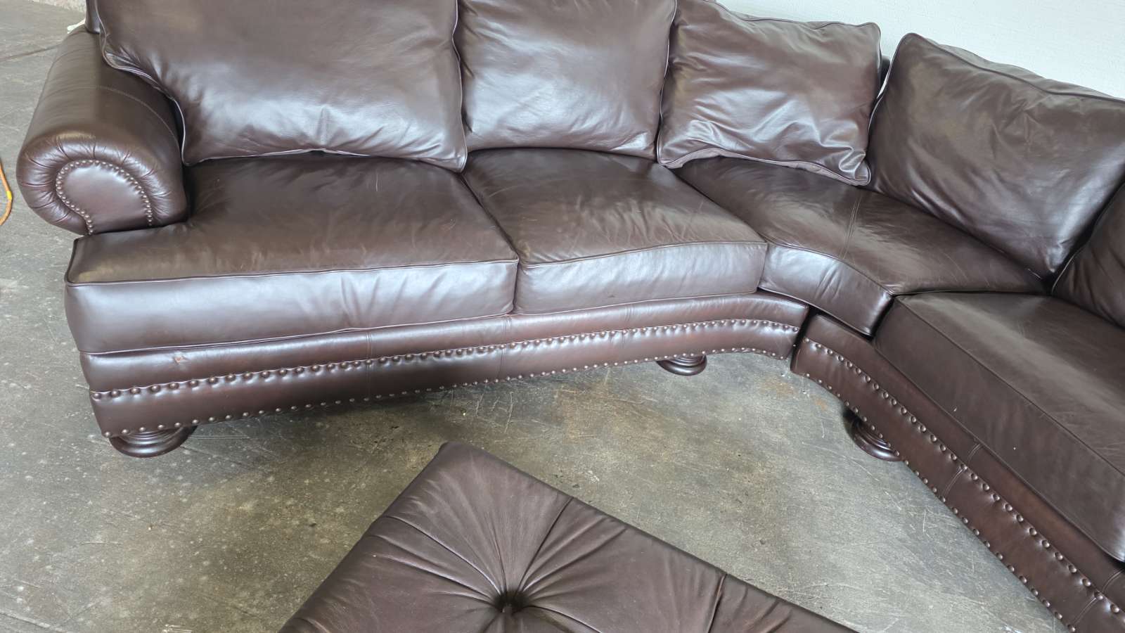 Bernhardt Brown Leather Sectional Sofa w/ Tufted Ottoman - Nailhead Trim — view 2