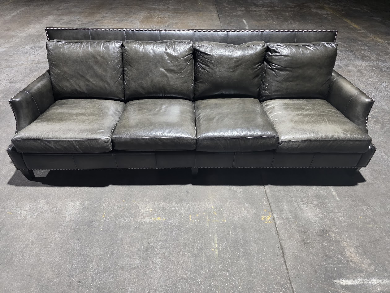 Bernhardt Extra-Long 4-Seat Leather Sofa — Charcoal Gray, Nailhead Trim, 100"+
