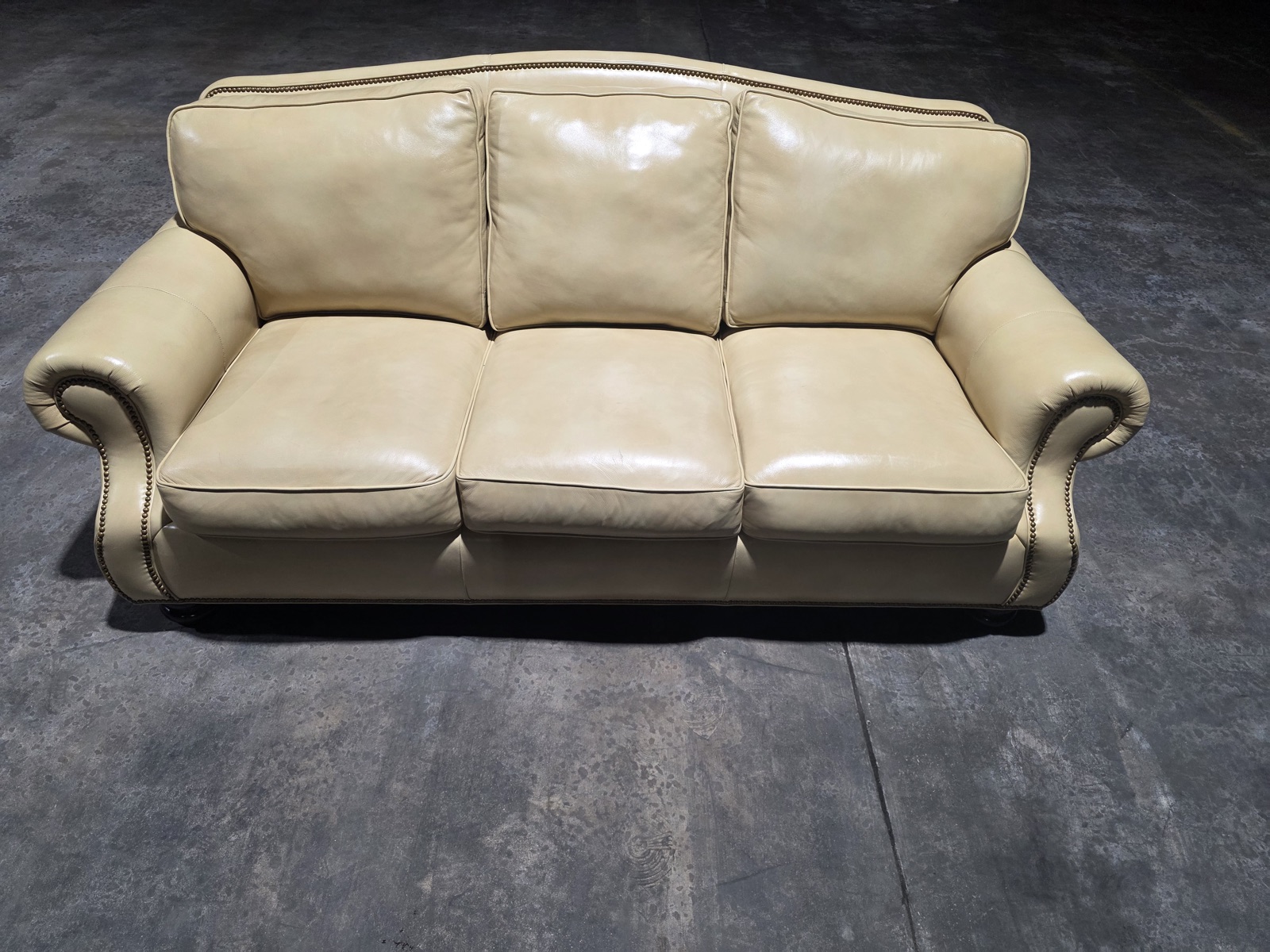 Hancock & Moore Cream Leather Camelback Sofa with Nailhead Trim