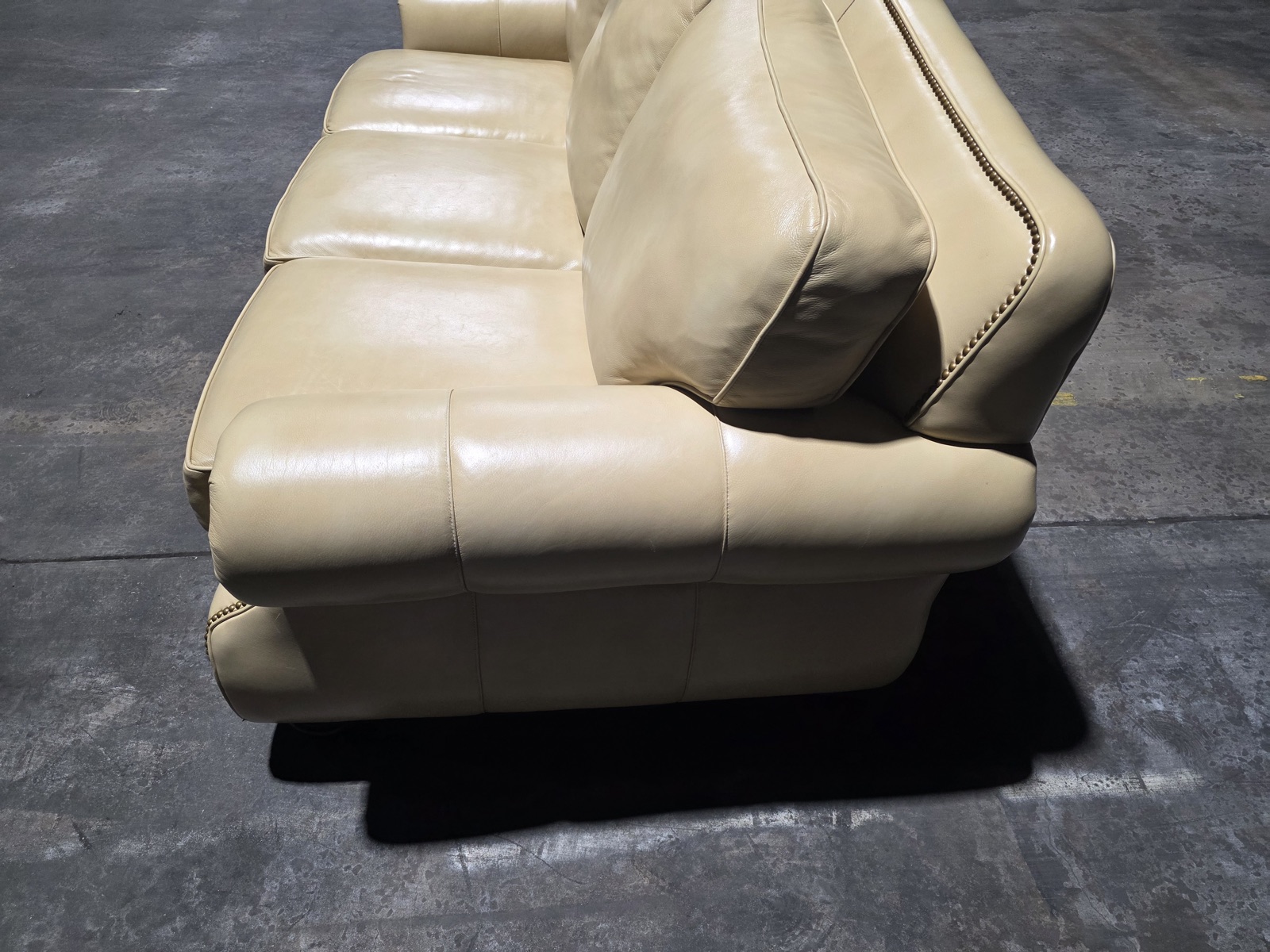 Hancock & Moore Cream Leather Camelback Sofa with Nailhead Trim — view 2