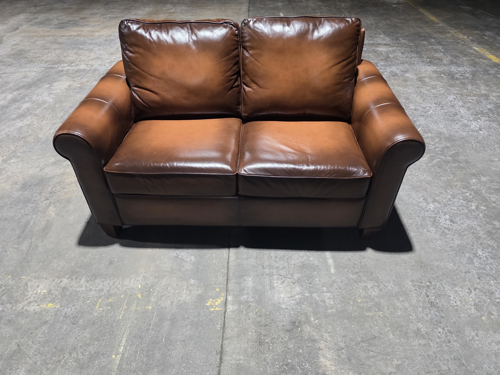 Pottery Barn Roll-Arm Leather Loveseat with Matching Ottoman — Burnished Cognac