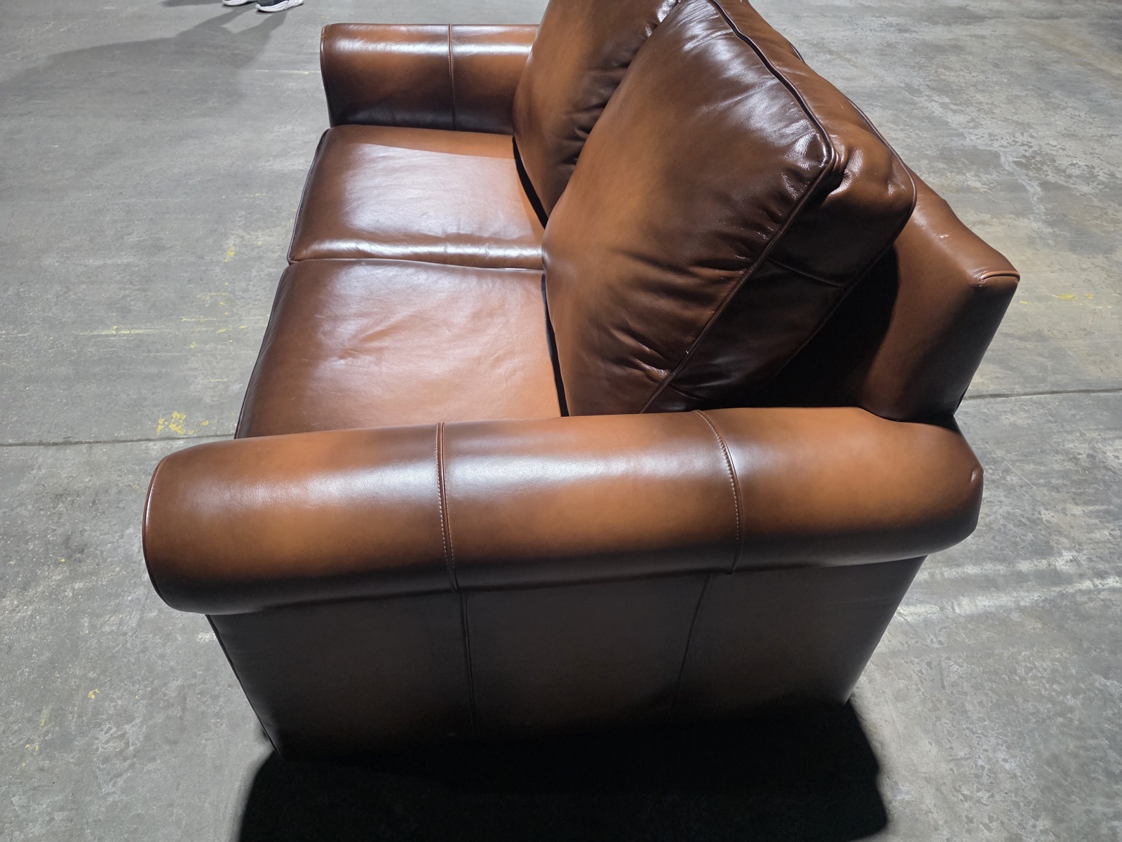 Pottery Barn Roll-Arm Leather Loveseat with Matching Ottoman — Burnished Cognac — view 3
