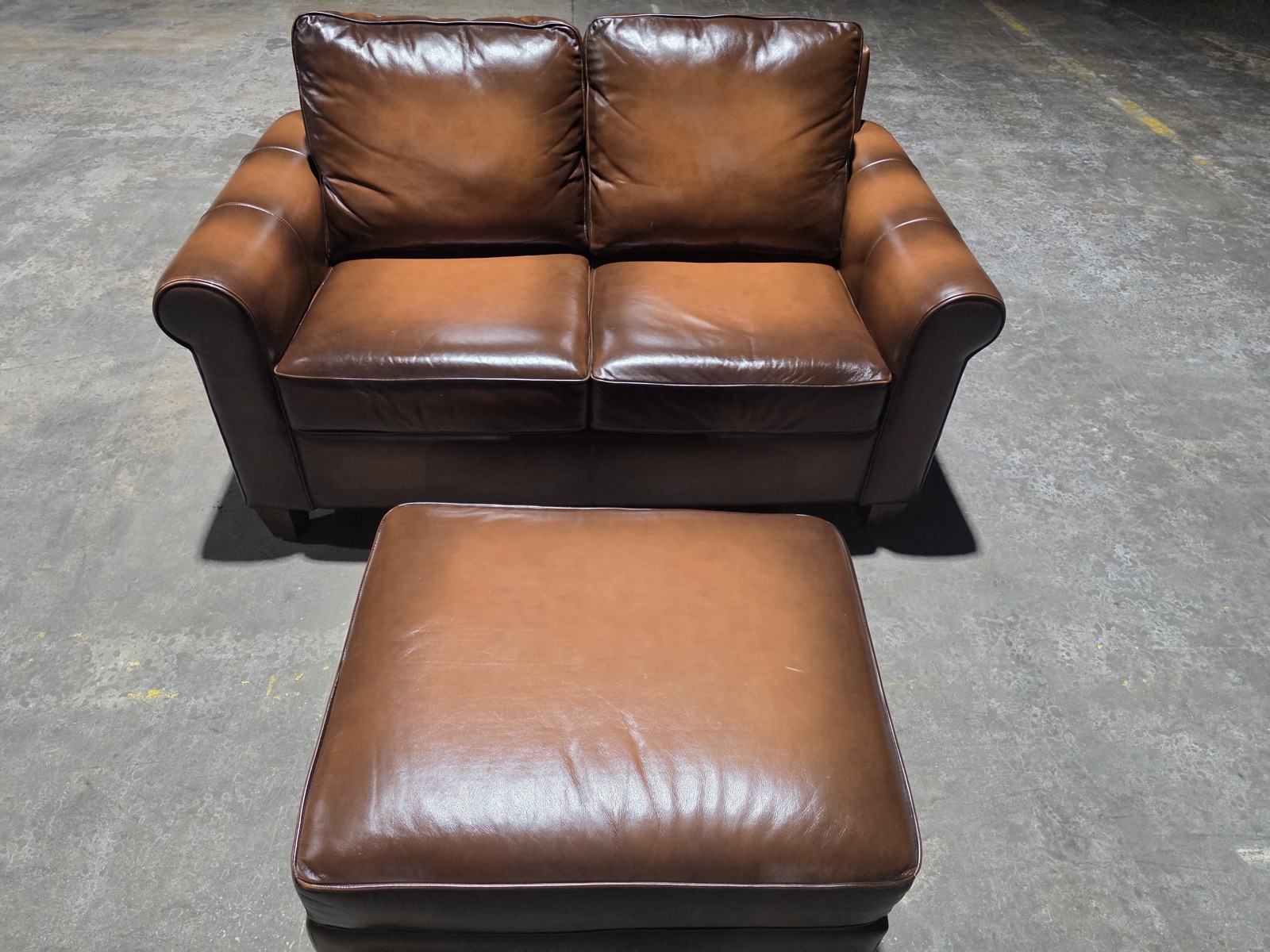 Pottery Barn Roll-Arm Leather Loveseat with Matching Ottoman — Burnished Cognac — view 4