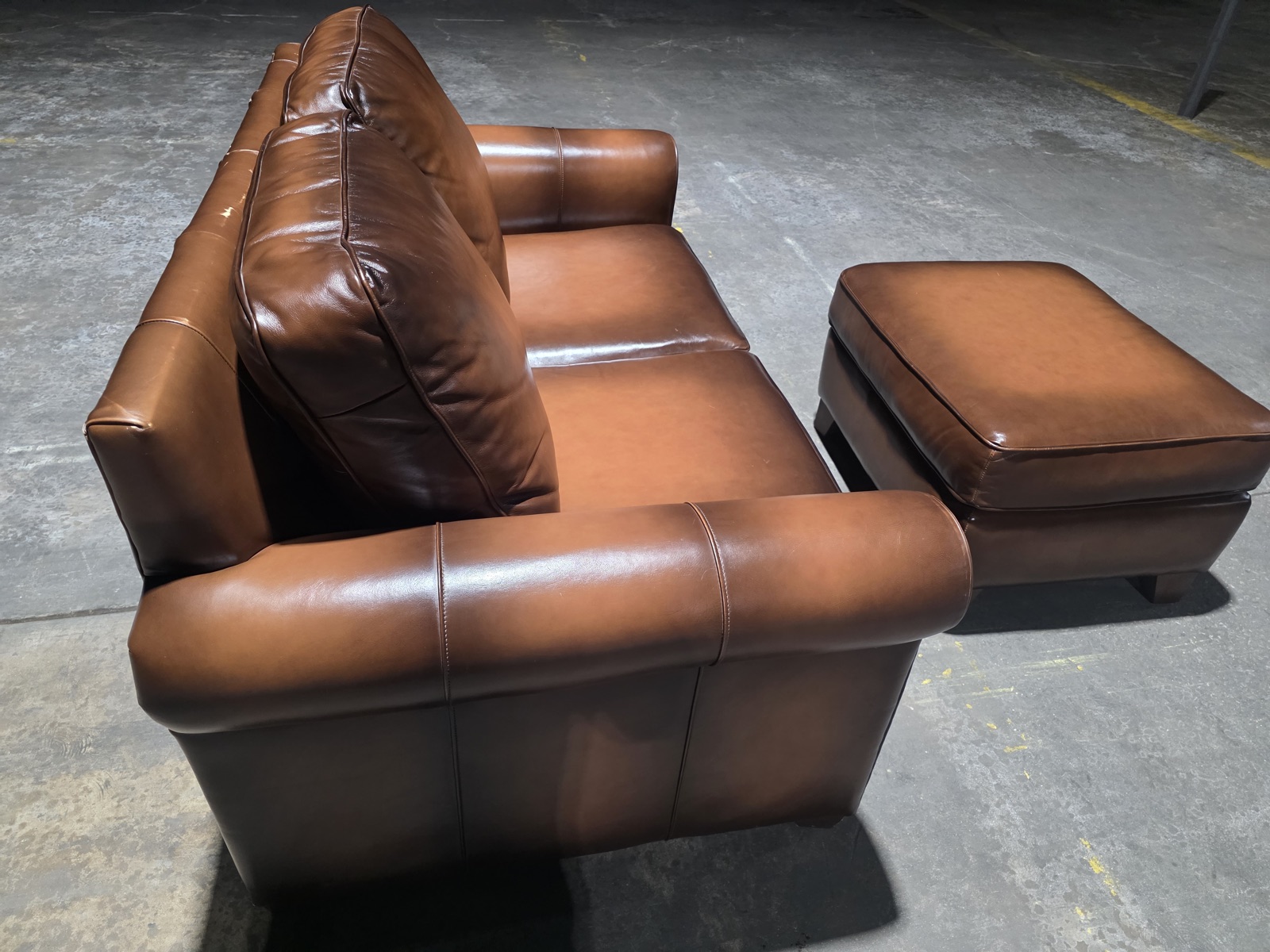 Pottery Barn Roll-Arm Leather Loveseat with Matching Ottoman — Burnished Cognac — view 6