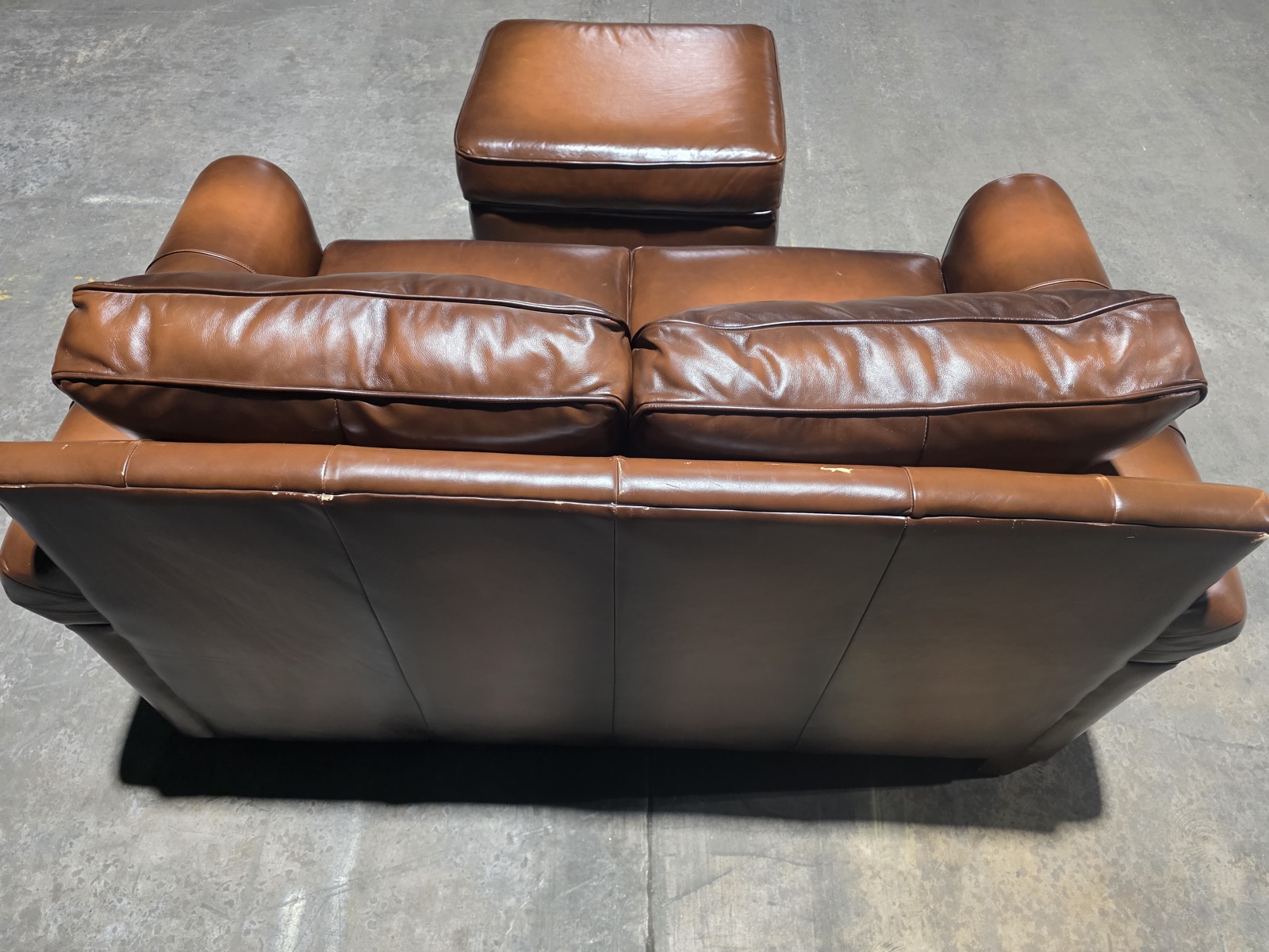 Pottery Barn Roll-Arm Leather Loveseat with Matching Ottoman — Burnished Cognac — view 7