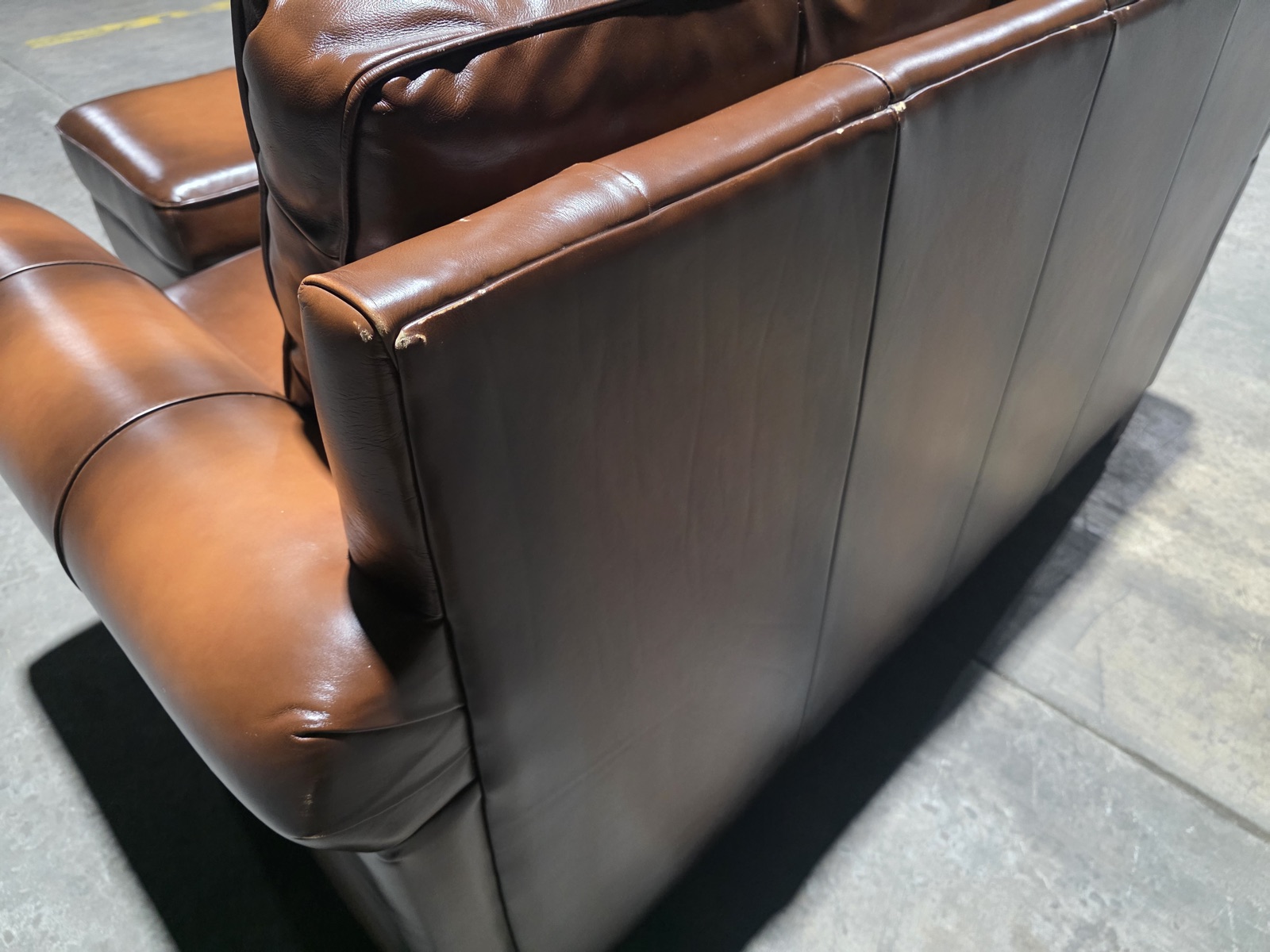 Pottery Barn Roll-Arm Leather Loveseat with Matching Ottoman — Burnished Cognac — view 9