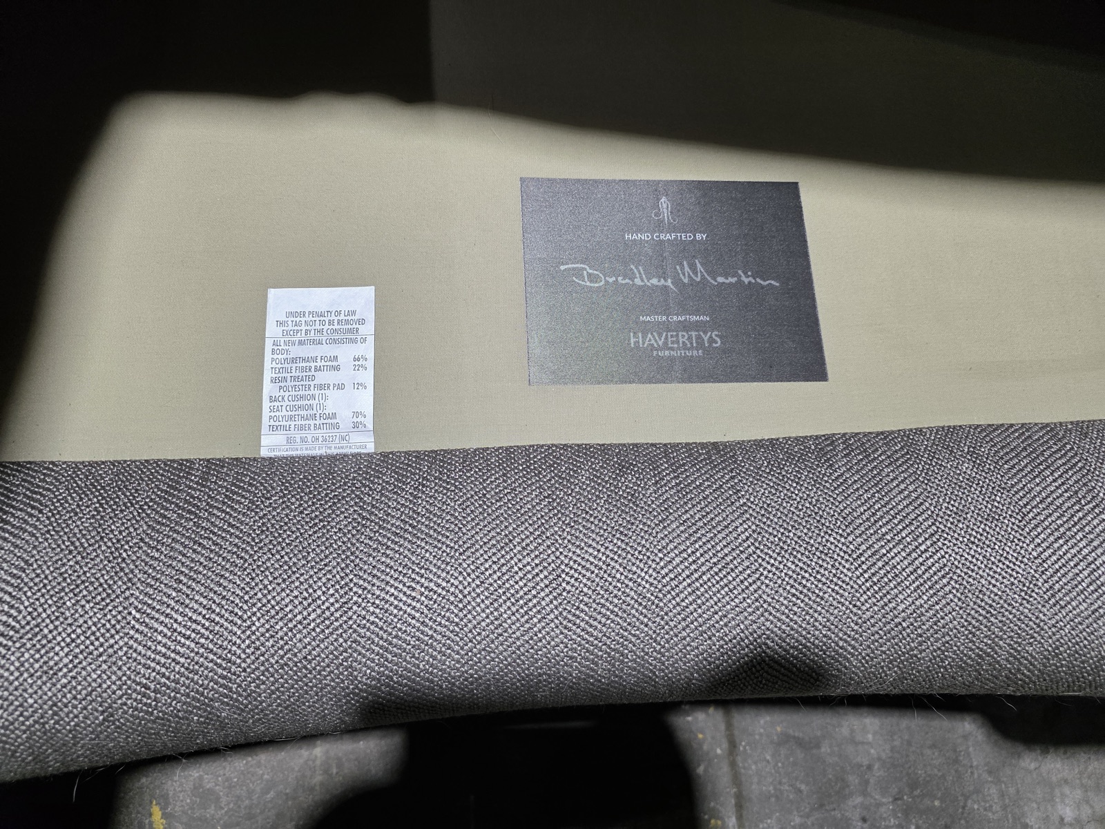 Havertys Bradley Martin Gray Herringbone Nailhead Sofa — view 3