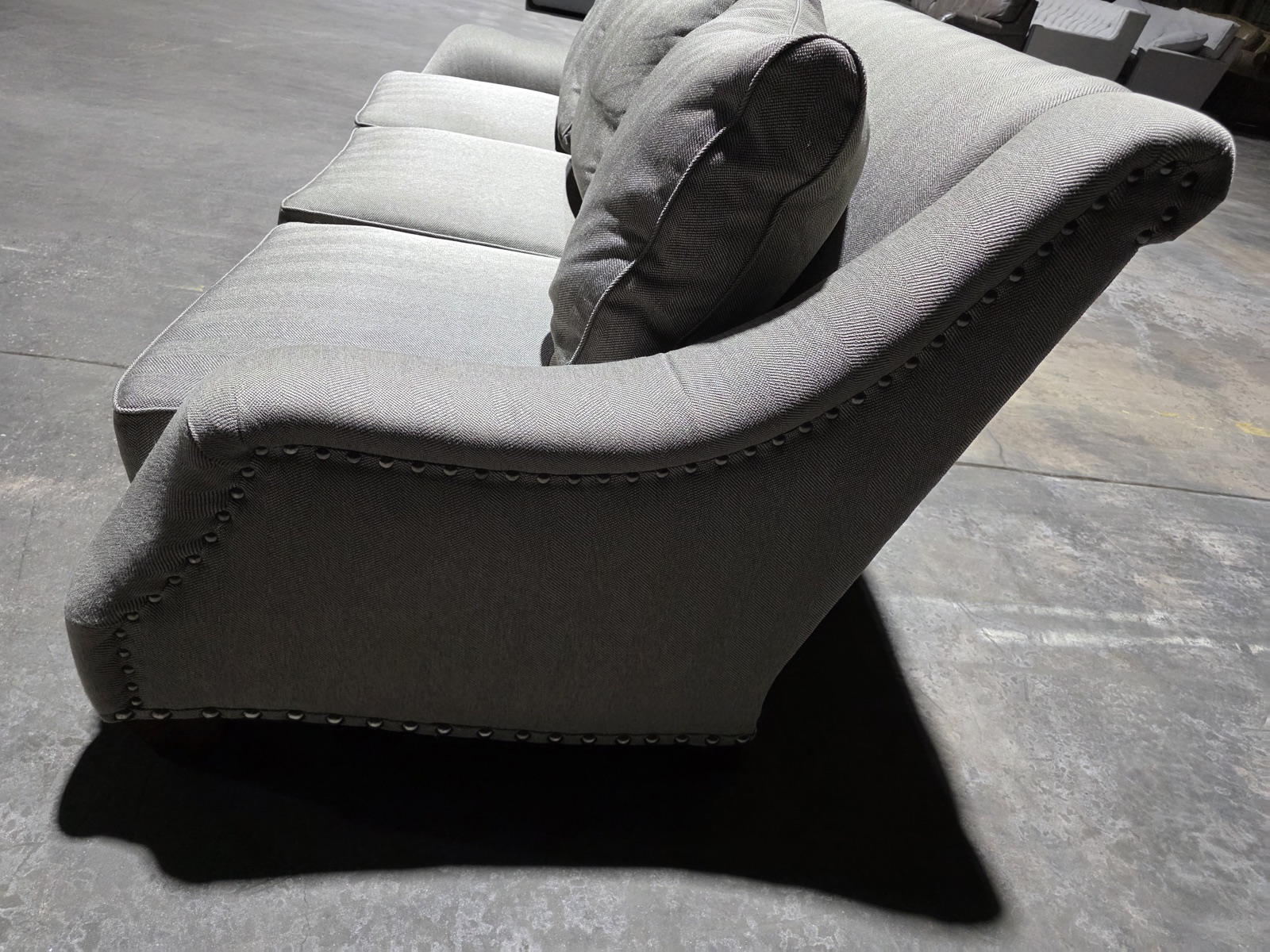 Havertys Bradley Martin Gray Herringbone Nailhead Sofa — view 4