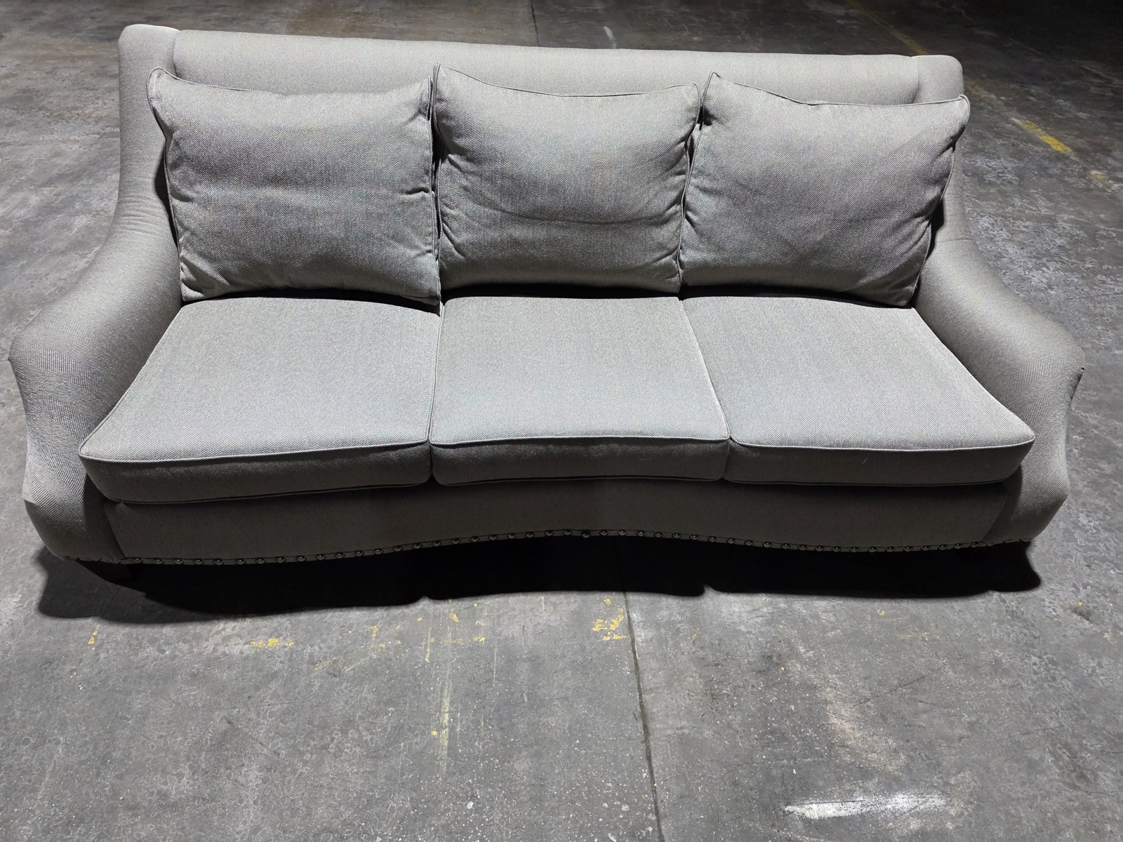 Havertys Bradley Martin Gray Herringbone Nailhead Sofa — view 7