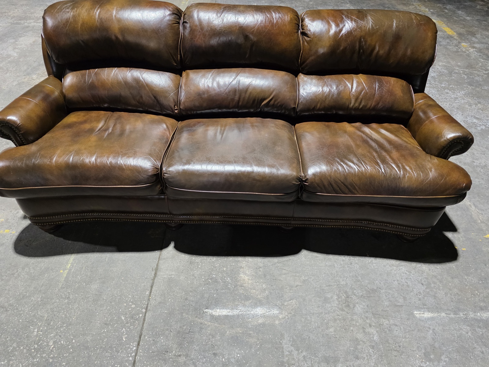 Hancock & Moore Cognac Antiqued Leather Sofa with Brass Nailhead — view 3