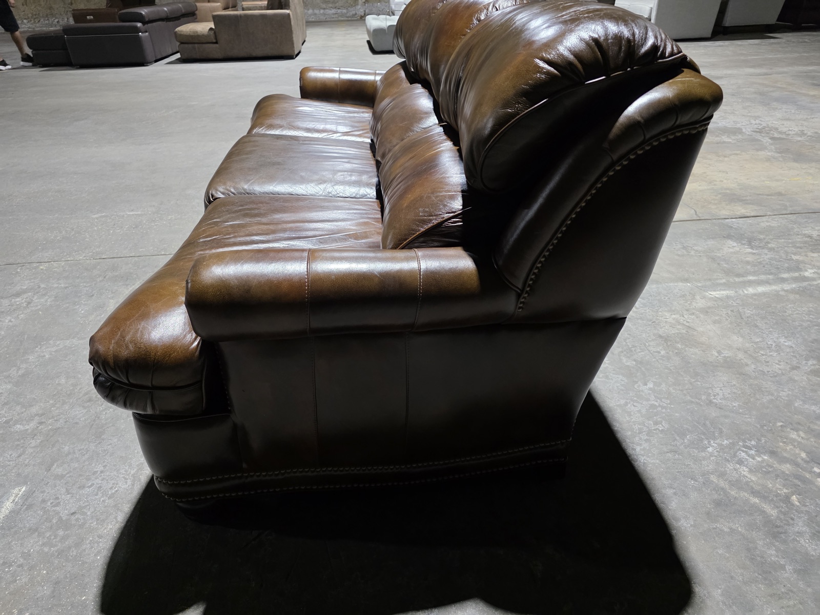 Hancock & Moore Cognac Antiqued Leather Sofa with Brass Nailhead — view 4
