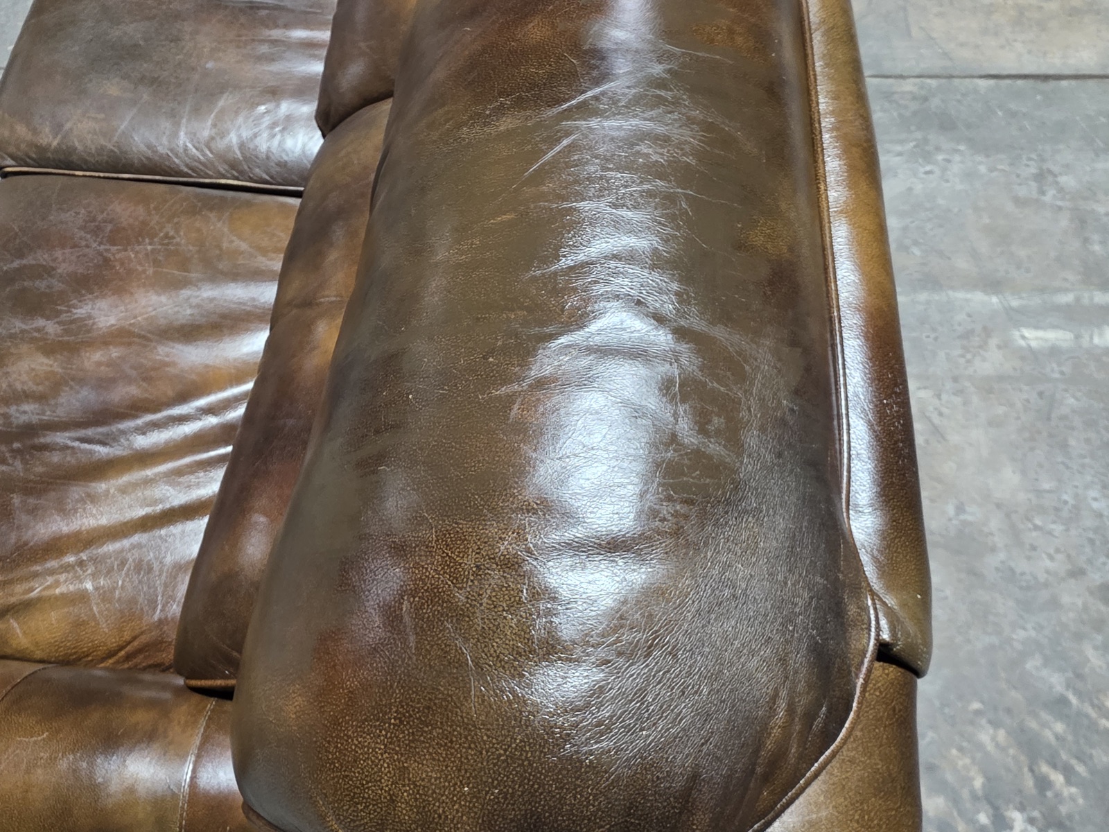 Hancock & Moore Cognac Antiqued Leather Sofa with Brass Nailhead — view 5