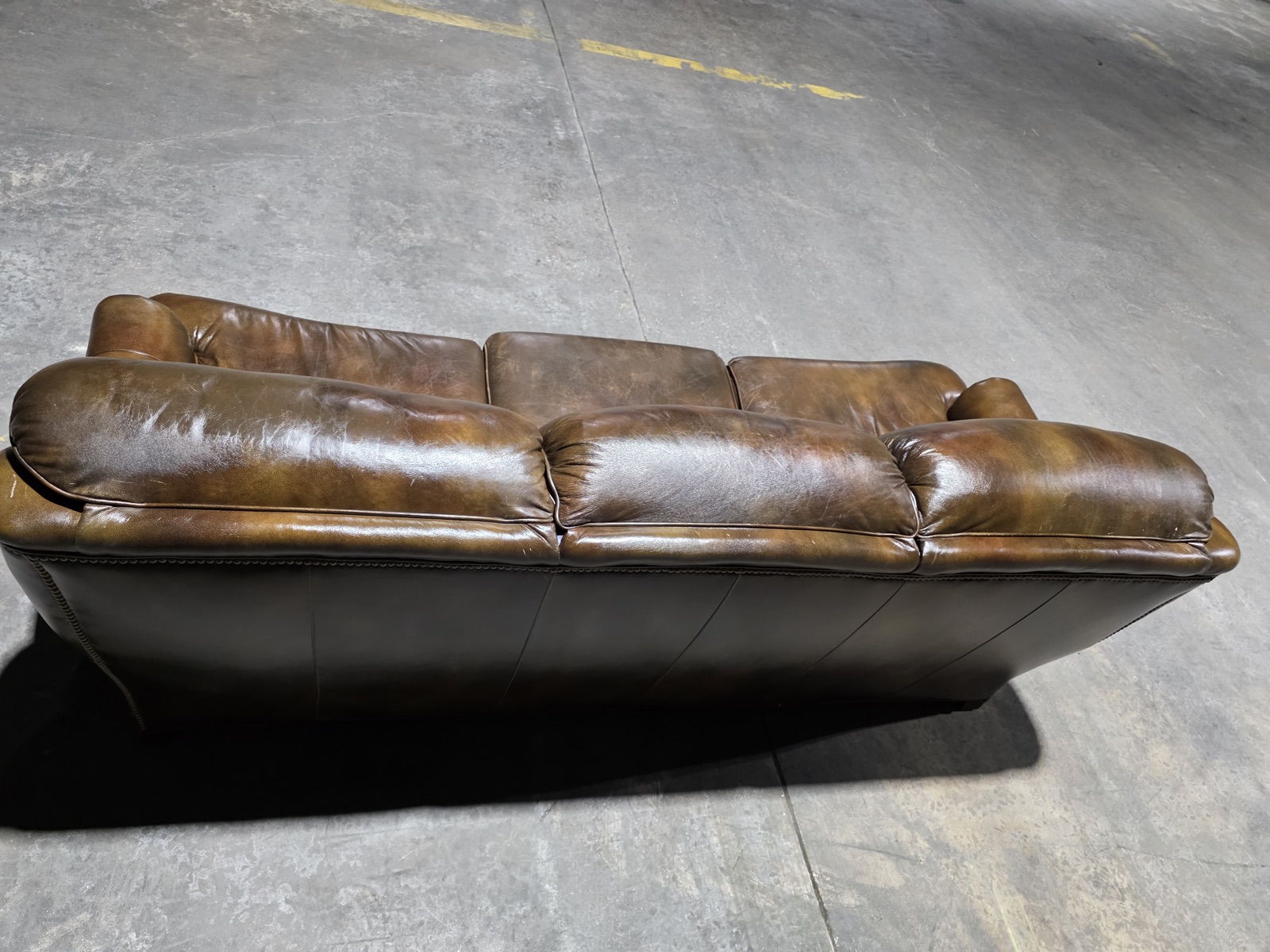 Hancock & Moore Cognac Antiqued Leather Sofa with Brass Nailhead — view 6