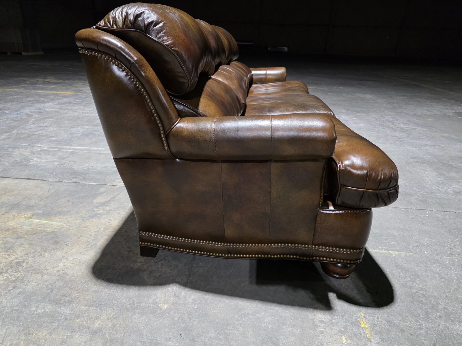 Hancock & Moore Cognac Antiqued Leather Sofa with Brass Nailhead — view 8