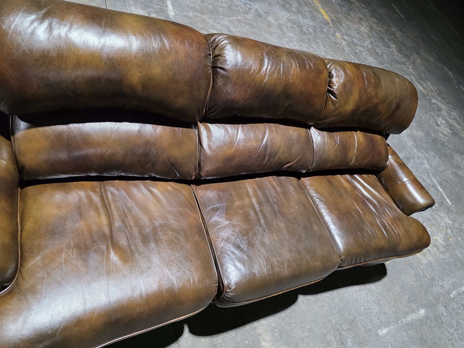Hancock & Moore Cognac Antiqued Leather Sofa with Brass Nailhead — view 9