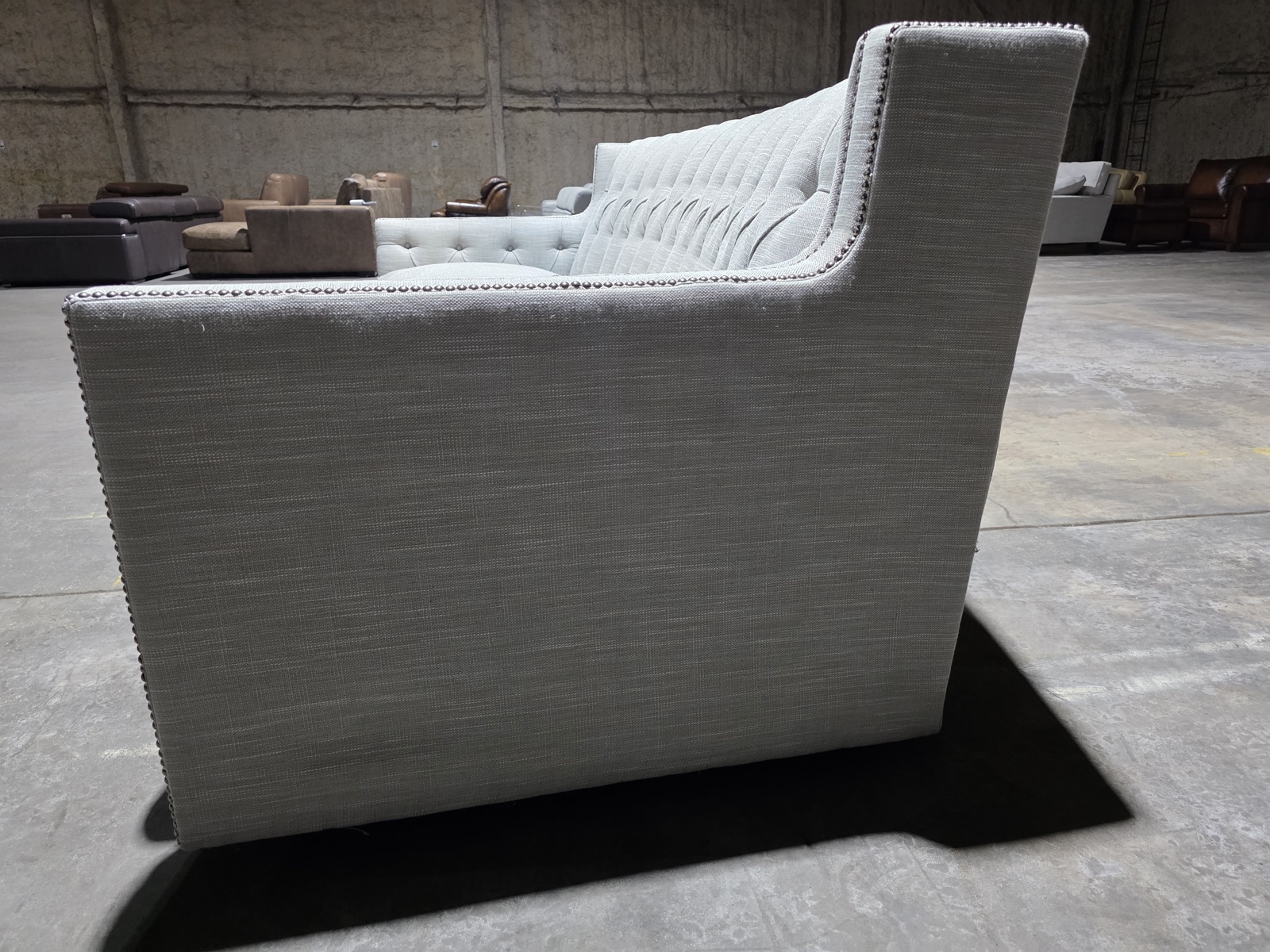 Bernhardt Candace 96" Curved Tufted Sofa — Gray Linen with Nailhead — view 3