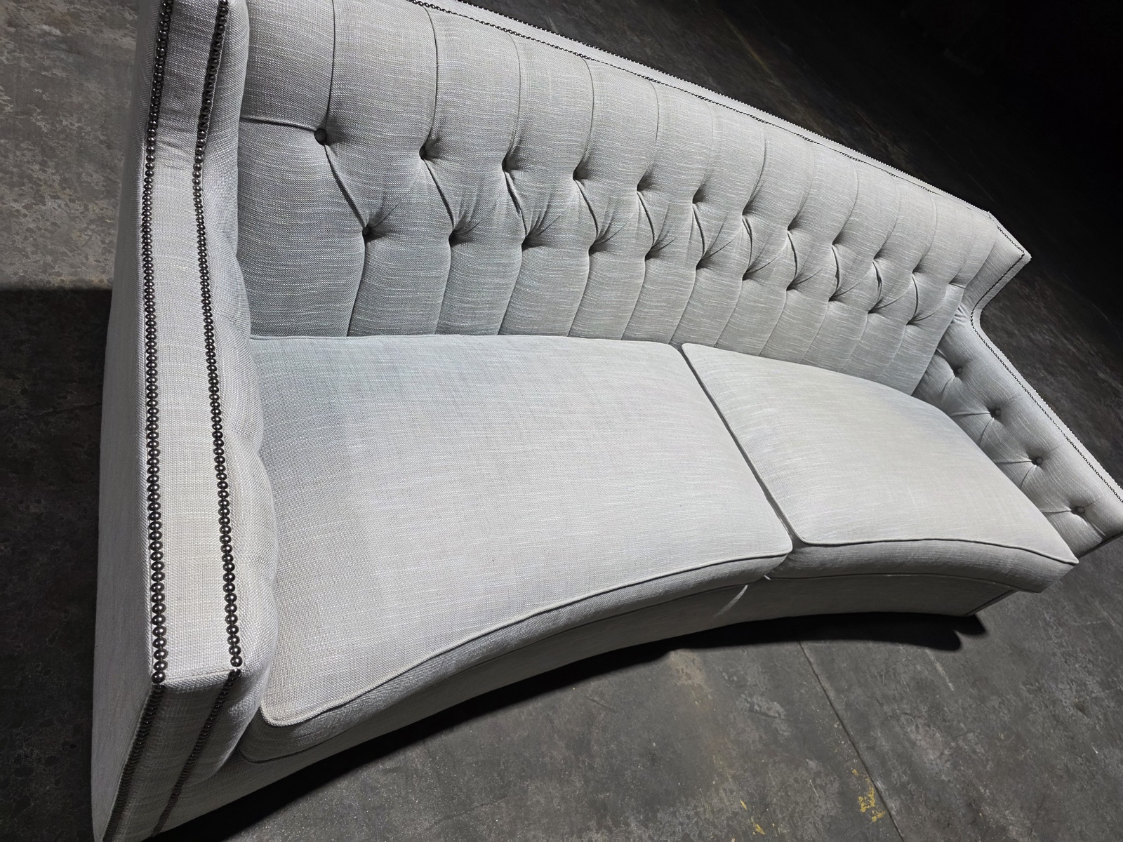 Bernhardt Candace 96" Curved Tufted Sofa — Gray Linen with Nailhead — view 6