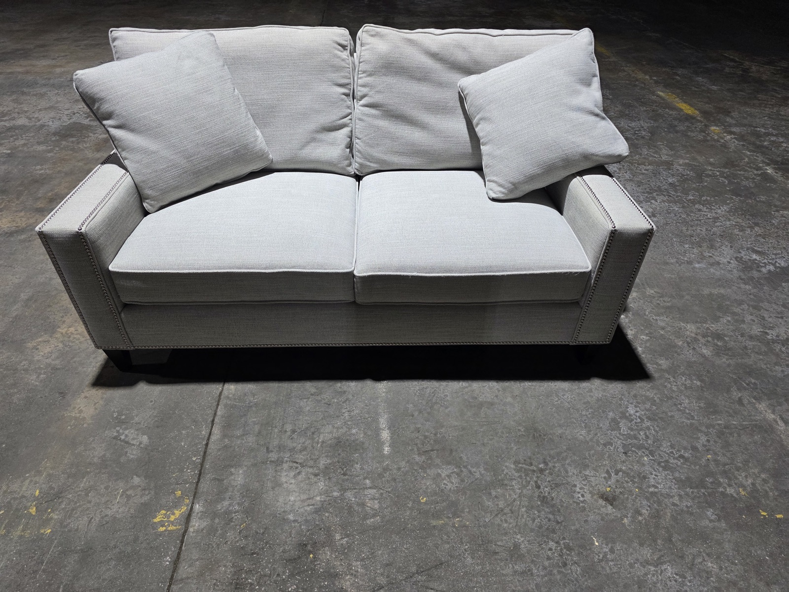 Bernhardt Track-Arm Loveseat — Gray Linen with Nailhead