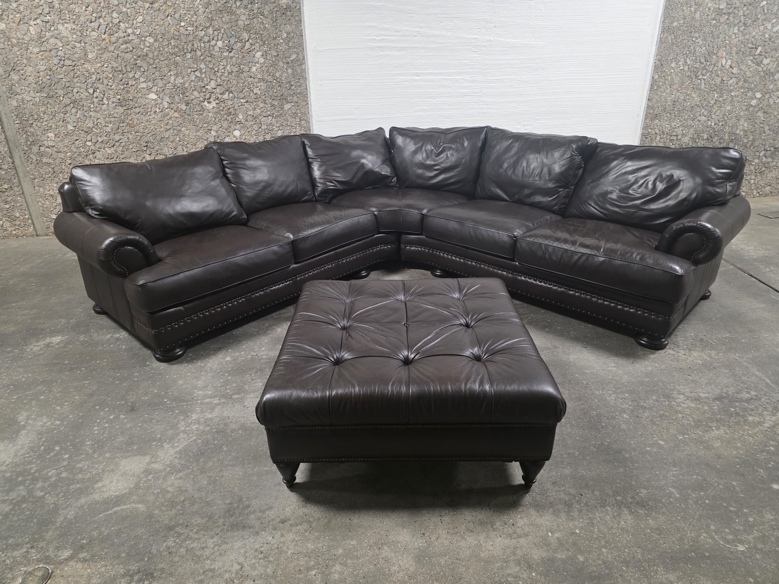 Bernhardt Espresso Leather Angled Sectional with Matching Tufted Ottoman