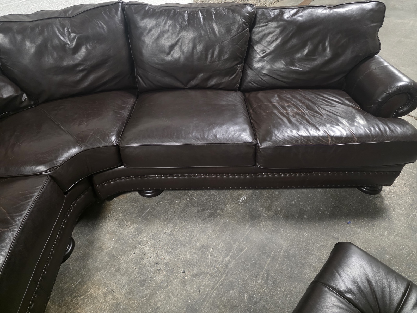 Bernhardt Espresso Leather Angled Sectional with Matching Tufted Ottoman — view 5