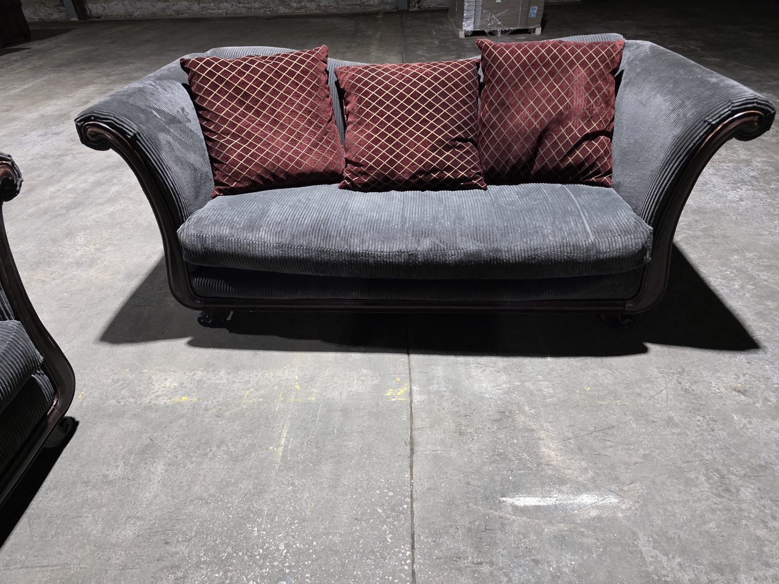 Bernhardt 2-Piece Traditional Living Room Set — Sofa & Oversized Chair, Gray Chenille with Carved Mahogany Frame