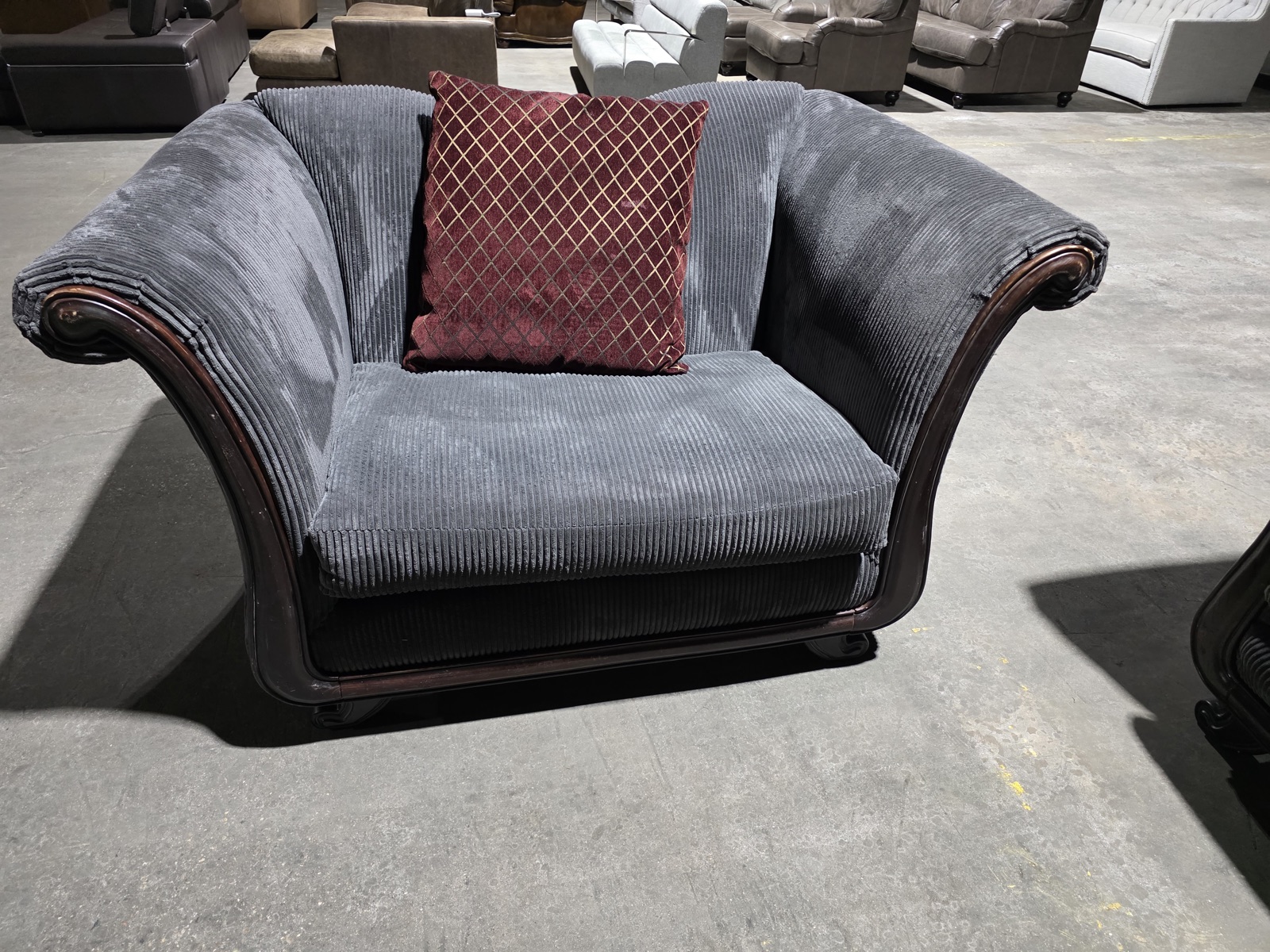 Bernhardt 2-Piece Traditional Living Room Set — Sofa & Oversized Chair, Gray Chenille with Carved Mahogany Frame — view 3